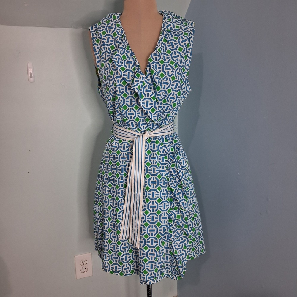 Dizzy Lizzie Blue Green Geometric Ruffle Wrap Dress SZ M Striped Belt Maximalist